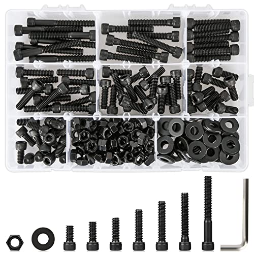 1/4 20 Bolt and Nuts, with Washers for Screws, Hex Socket Head Screws 7 Lengths are 2", 1-1/2", 1-1/4", 1", 3/4", 5/8", 1/2", 12.9 Grade Alloy Steel, 220Pcs, Black, Full Machine UNC Thread | 12.9 Grade Black UNC Thread Machine Bolts w/ Washers, 12.9 2", 1