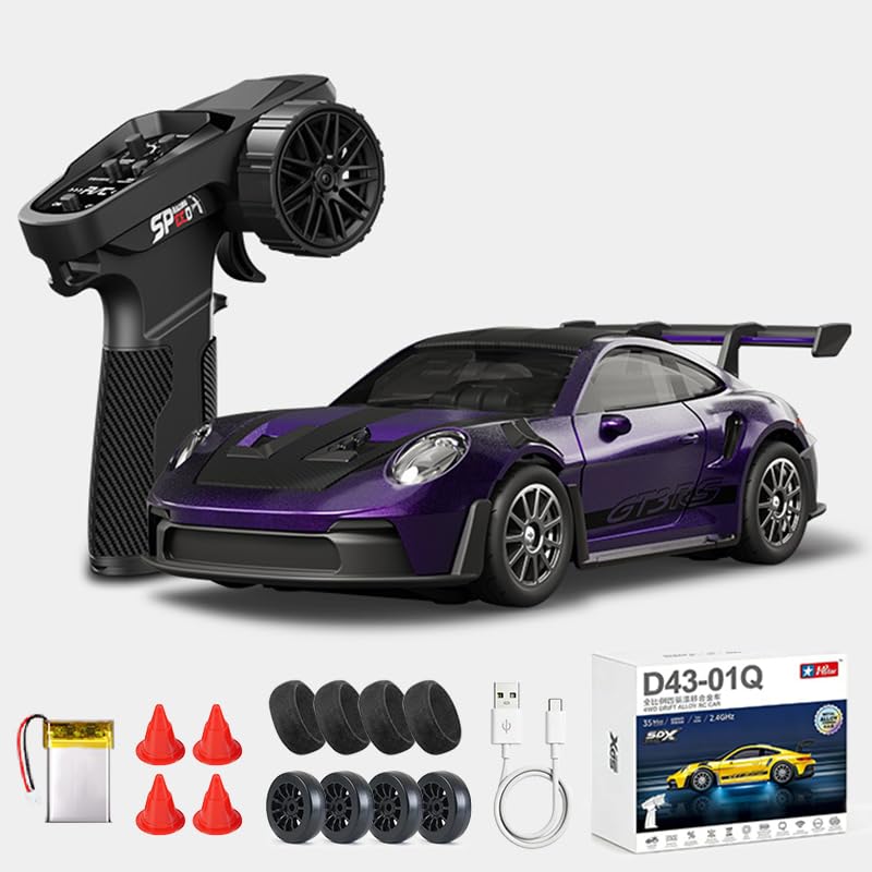 1:43 RC Drift Car D43-01 - 2.4G Full Proportional 4WD Alloy 20KM/H High Speed RC Racing Car with Gyro, Silent Bearings, Adjustable Speed & Lighting(Q7/Purple/D43-01) - color: Q7/Purple, size: D43-01