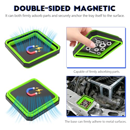 Collapsible Magnetic Parts Tray, 4.5 Inch Square Silicone Tray Holder with Double-Sided Magnetic Base, Foldable Tool Trays for Screw Bolts Nuts Pins Small Parts, Car Accessories (Green) - color: Green