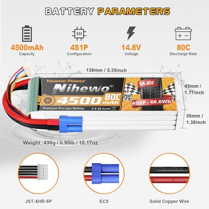 4S Lipo Battery 14.8V 4500mAh 80C EC5 2Packs for RC Car Plane Boat | High discharge Soft Case RC Battery 4500mAh 80C EC5 plug Fit for 1/10 & 1/8 RC cars/trucks, airplanes helicopters boats tanks