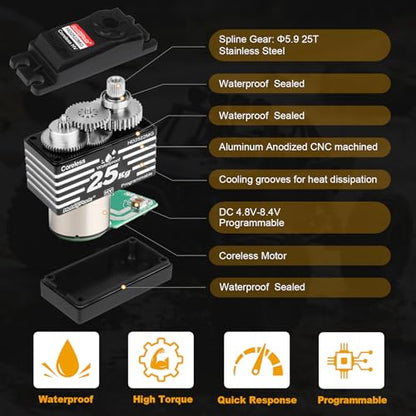 HobbyPark Waterproof RC Servo High Torque Coreless Motor Metal Gear RC Digital Servo Parts for 1/8 1/10 RC Crawler SCX10 TRX4 RC Truck RC Car Buggy RC Basher Control Angle 90°-180° (25kg Torque)