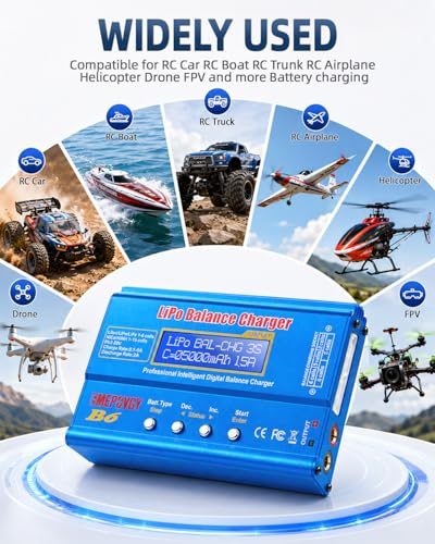 B6 Battery Balance Charger 2026 Upgraded 80W Discharger for NiMH/NiCd (1-15S) LiPo/Li-ion/Life Battery (1-6S) RC Hobby Batteries Balance Charger with AC Power Supply