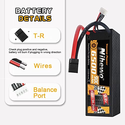 Niehwo 4S Lipo Battery 14.8V 6500mAh 90C Hard Case EC5 2Pcs for RC Car Boat | 2Packs 4S Battery 14.8V 6500mAh Hard Case Tx Plug for 1/5 1/6 1/7 1/8 RC Car Truck Vehicle High Discharge Rate Long Run Time - style: 14.8V 6500mAh