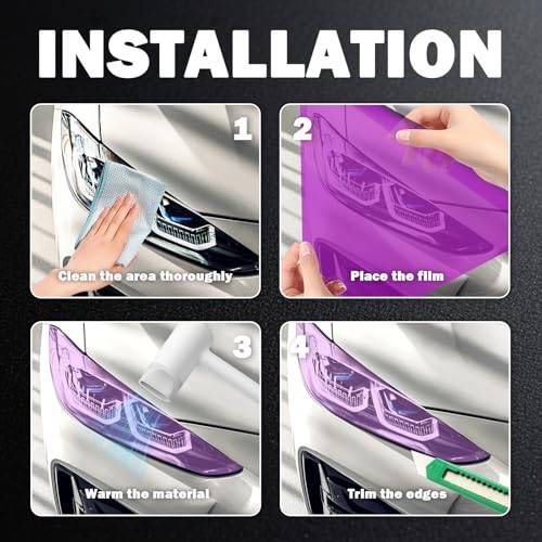 12×47" Car Headlight Tint Film,Self Adhesive Taillight Tint Film for Headlights/Fog Lights/Tail Lights,Waterproof Non-Marking Tail Light Tints Films Kit with Squeegee & Cutter (Purple) - color: Purple