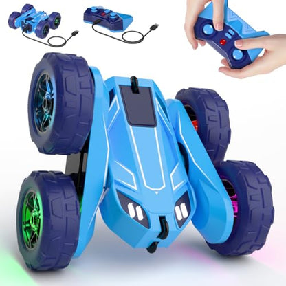 MaxTronic Fast Direct Charging Remote Control Car with LED，Exclusive Dual USB-C Charging for Car & Controller - 2.4Ghz 15km/h 360° Flips Rotations 4WD RC Stunt Car Fully Rechargeable for Kids 3-12 - color: Blue