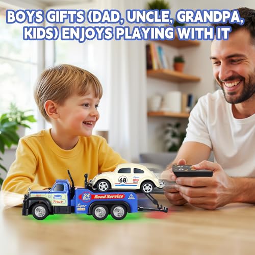 haomsj Mini Rc Tow Truck Toy with Mini Metal Car Set 2PCS,City Service Vehicle Remote Control Tow Truck Toys for Kids Boys Gifts 3-5 4-7 8-12 Years Old, 1:64 Scale Cars Trailer Toy with Light(Blue) - color: Blue