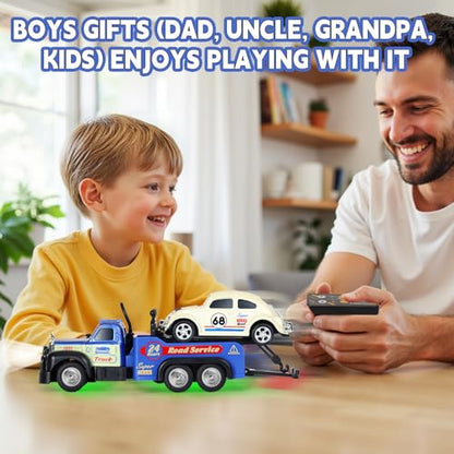 haomsj Mini Rc Tow Truck Toy with Mini Metal Car Set 2PCS,City Service Vehicle Remote Control Tow Truck Toys for Kids Boys Gifts 3-5 4-7 8-12 Years Old, 1:64 Scale Cars Trailer Toy with Light(Blue) - color: Blue