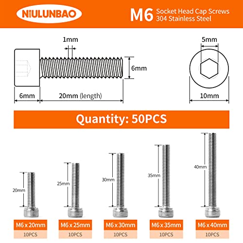 M6 x 20mm 25mm 30mm 35mm 40mm Hex Socket Head Cap Screws Bolts 304 Stainless Steel Metric Machine Allen Hex Drive, Fully Threaded, Assortment Kit 50PCS - size: M6 x 20/25/30/35/40mm (50PCS)