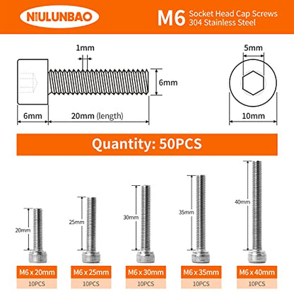 M6 x 20mm 25mm 30mm 35mm 40mm Hex Socket Head Cap Screws Bolts 304 Stainless Steel Metric Machine Allen Hex Drive, Fully Threaded, Assortment Kit 50PCS - size: M6 x 20/25/30/35/40mm (50PCS)