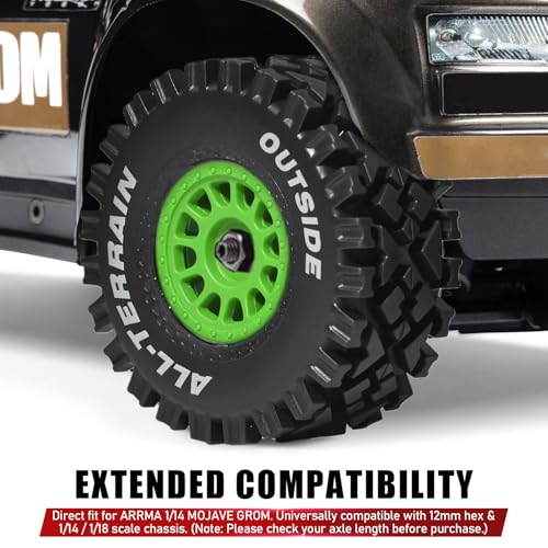 4PCS Pre-Glued 1/14 RC Tires and Wheels, 68×28mm All-Terrain Rubber Short Course Truck Tires with 12mm Hex Nylon Rims for ARRMA Mojave GROM, 1/14 1/18 RC Off-Road Trucks Green - color: Green