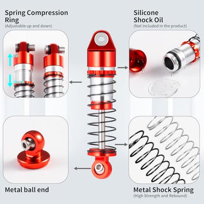 RCLIONS RC Car Oil Shocks 36mm Extended Aluminum Shock Absorber for AXIAL SCX24 1/24th RC Crawler Car Upgrade Parts (Red) - color: Red