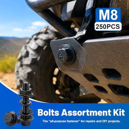 250PCS M8 Flange Bolts and Nuts Assortment Kit, Grade 10.9 Alloy Steel | Black Zinc Plated Metric M8-1.25 x16/20/25/30mm Hex Screws Flat & Spring Washers for 3D Printer, RC Car, Drones, DIY Repair - size: G10.9 M8 250PCS