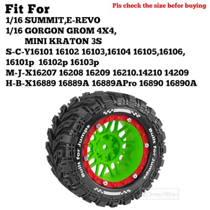 RC Wheels and Tires for 1/16 Scale,RCarmubWow Plastic Rim Rubber Tires for 1/16 Summit E-Revo Gorgon Grom,Mini Kraton 3S, M-J-X16207-16210, H-B-X16889 16890,S-C-Y16101-16106 RC Truck,Green&Red - color: Green W/Red(4pcs)
