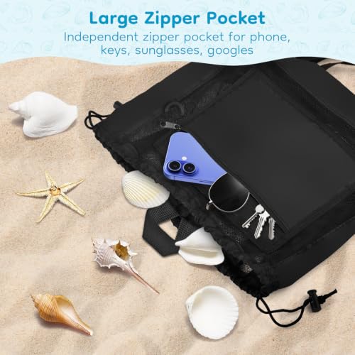 BROTOU Pool Toys Bag, Mesh Beach Bag Drawstring Toys Bag | Swim Pool Toys Balls Storage Bags Gym backpack, Beach Toy Shells Organizer - color: Black Backpack-s
