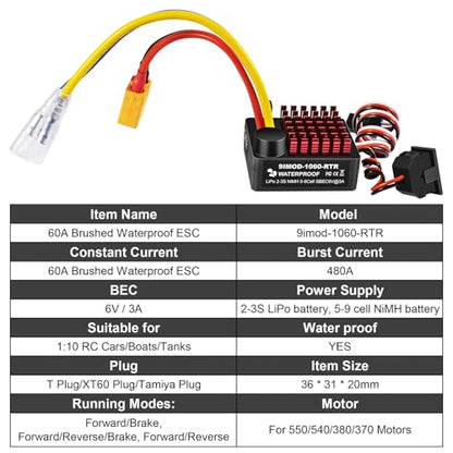 WP 1060 2-3s 60A Brushed ESC [Tamiya Plug] Waterproof Brushed Electronic Speed Controller with Switch Mode BEC, RC ESC for 1/10 Scale RC Crawler Car Trucks - color: Black-white