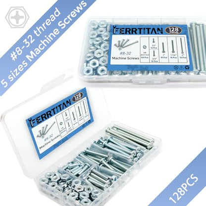128-Piece #8-32 Machine Screws Assortment Kit – Zinc-Plated Carbon Steel Phillips Pan Head Screws with Nuts, Knobs Cabinet Screw & Electrician Screw Machine Bolts - size: #8-32 – 64 Sets, 5 Sizes