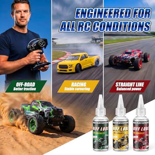 3 Bottles RC Differential Oil Kit 10K 30K 50K cSt 2OZ Silicone RC Diff Fluid Set for Sealed Differentials, High Viscosity Car Differential Oil for 1/10&1/8 Scale R/C Cars, Trucks,Buggies(1 Pack,60 ml)
