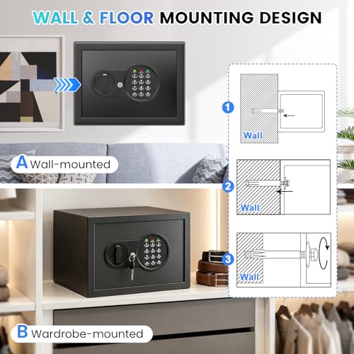 9.84'' Tall Small Safe Box, Home Safes with Removable Shelf | Fireproof Bag, Keys & Pass Code,Mini Fireproof Security Safe with Smart Alert and Wall Mount Kits for Money,Jewelry,Documents - size: 0.9 Cubic Feet