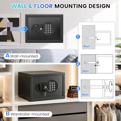 9.84'' Tall Small Safe Box, Home Safes with Removable Shelf | Fireproof Bag, Keys & Pass Code,Mini Fireproof Security Safe with Smart Alert and Wall Mount Kits for Money,Jewelry,Documents - size: 0.9 Cubic Feet