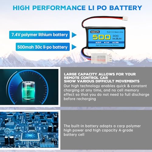 7.4V 500mAh 30C PH2.0 Plug Lipo Battery with USB for AX24 SCX24 RC Car, Compatible with Most 1/10, 1/16, 1/18, 1/24 Proportional Remote Control Trucks, RC Drones (1PCS Battery+1USB)