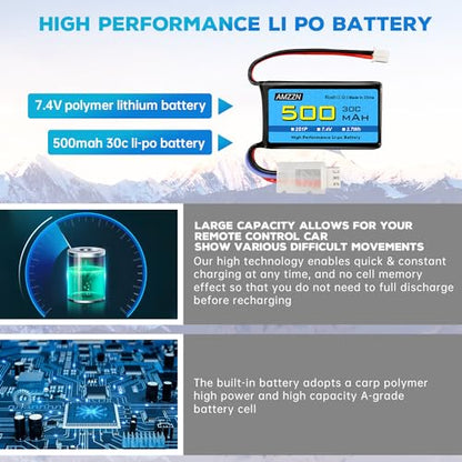7.4V 500mAh 30C PH2.0 Plug Lipo Battery with USB for AX24 SCX24 RC Car, Compatible with Most 1/10, 1/16, 1/18, 1/24 Proportional Remote Control Trucks, RC Drones (1PCS Battery+1USB)