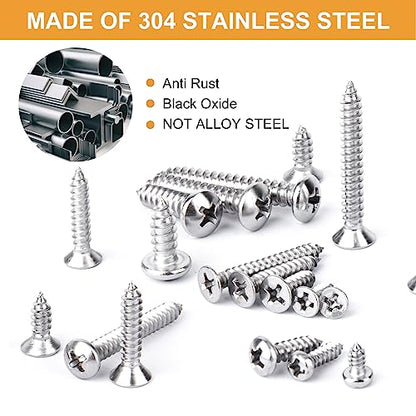 VIGRUE 520pcs 304 Stainless Steel Wood Screw Assortment Kit, #4#6#8#10 Flat Head & Pan Head Philips Self Tapping Screw Assortment