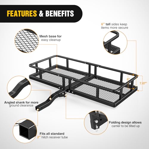 Nilight 60" x 20"x 7.87" Folding Carrier Fits 2-Inch Receiver 500 Lbs Capacity Bag Net Ratchet Straps Lock Stabilizer for SUV Pickup RV Van - style: 20"Basket w/Bag,Net,Straps,Stabilizer,Lock