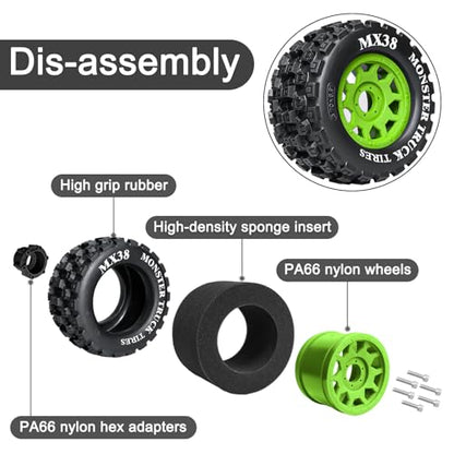 LRFHL MX38 F/R 3.8" RC Tires and Wheels with 17mm Hex Adapter, 4PCS, Green | 1/7 1/8 RC Monster Truck Tires, for Arrma Notorious Outcast Kraton 6S Traxxas E-Revo RC Car Upgrade - color: Black Tires+ Green Wheels