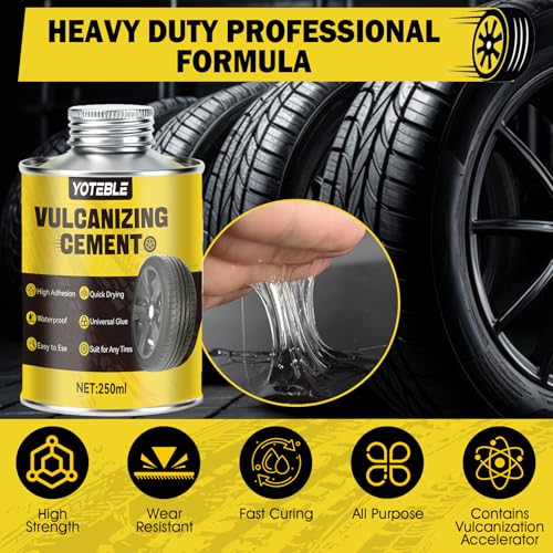 Vulcanizing Cement, Waterproof & Fast Dry Formula for Rubber, 250ml | Tire Repair Glue with Brush, Long-lasting, Heavy Duty Rubber Cement Glue for Motorcycle, Bike, Car and Any Rubber Material