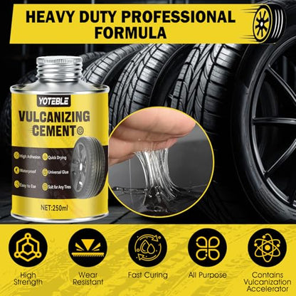 Vulcanizing Cement, Waterproof & Fast Dry Formula for Rubber, 250ml | Tire Repair Glue with Brush, Long-lasting, Heavy Duty Rubber Cement Glue for Motorcycle, Bike, Car and Any Rubber Material