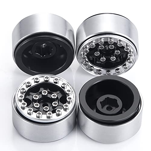 4PCS 1.0 Wheel Rims RC Metal Beadlock Wheels Rims, Black+Silver | For All 1/24 Scale Axial SCX24, RC Crawler Car, Upgrade Parts - color: Black+silver