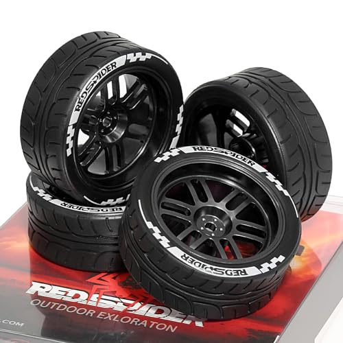 1/10 On Road Tires and Aluminum Wheels 12mm Hex RC Rally Racing Tyres OD 2.56" for Tamiya TT01 TT02 XV01 TA06 A959 PTG2 HPI KYOSHO PTG2 Traxxas 1:10 Street Touring Drift Car (Black) - color: Black