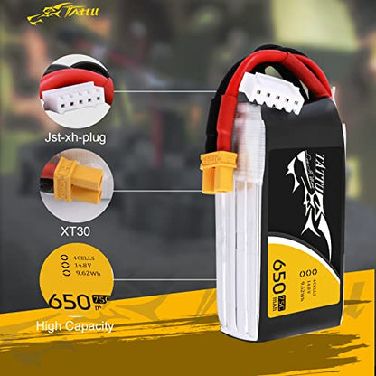 Tattu 650mAh 4S1P 75C 14.8V Lipo Battery with XT30 Plug - size: 1 Pcs