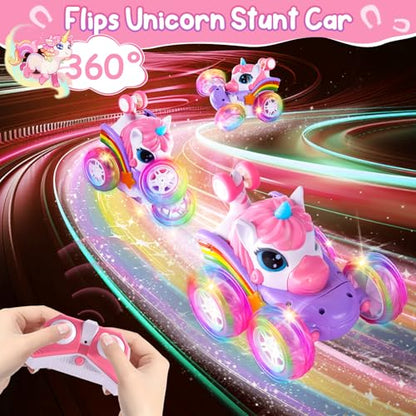 Remote Control Car Unicorn for Girls 360° Rotating 4WD Stunt RC Cars with Cute Cool LED Lights, 2.4GHz Toy Car USB Direct Charging RC Cars Birthday Gifts for Kids Girl Age 3-6 7-9 (Small) - style: Small