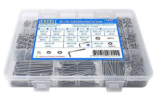 iexcell 1500 Pcs M3 x 4/6/8/10/12/16/20/25/30/35/40/45/50 Stainless Steel 304 Hex Socket Button Head Cap Screws Bolts Nuts Washers Assortment Kit - size: M3 x 4/6/8/10/12/16/20/25/30/35/40/45/50mm