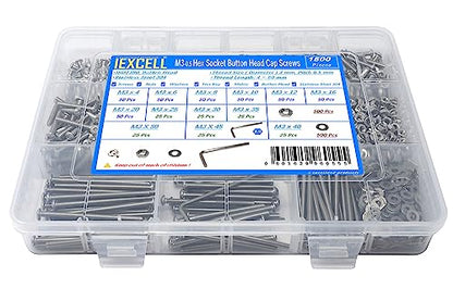 iexcell 1500 Pcs M3 x 4/6/8/10/12/16/20/25/30/35/40/45/50 Stainless Steel 304 Hex Socket Button Head Cap Screws Bolts Nuts Washers Assortment Kit - size: M3 x 4/6/8/10/12/16/20/25/30/35/40/45/50mm