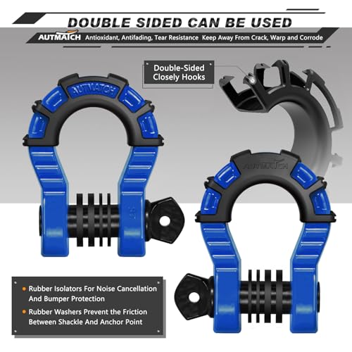 AUTMATCH 3/4" Mega D Ring Shackles (2-Pack) - 68,000 lbs Break Strength | Heavy Duty Clevis Shackle with 7/8" Pin & Isolator Washer Kit for Tow Strap, Winch, Towing & Off-Road Vehicle Recovery, Blue - color: Blue & Black