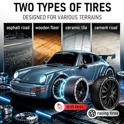 1:20 RC Drift Car, 2.4GHz 4WD 360° Fixed Point Drift for Boys | 50 min playtime with 2 batteries, 2 tire sets (drift & off-road), 3 LED lights, great gift for kids 6-12 - color: Gray-blue