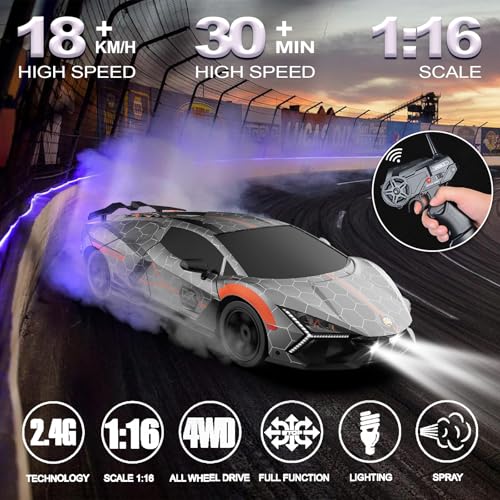 Remote Control Car RC Drift Car 1:16 Scale 4WD 18KM/H High Speed Model Vehicle 2.4GHz with LED Lights Spray Rubber Tire Racing Sport Toy for Adults Boys Girls Kids Gift 2Pcs Rechargeable Batteries - color: Silver