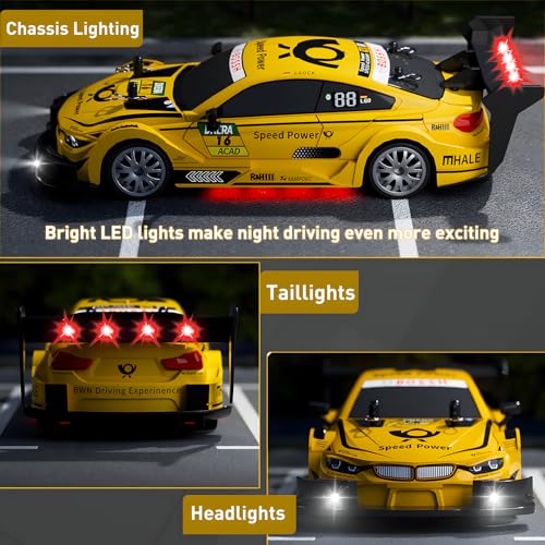 1:20 RC Drift Car for Kids,4WD 2.4GHz 30KM/H High Speed Remote Control Car, Racing Sport Toy Car with LED Lights,Drifting Tires＆2 Batteries (Yellow) - color: Yellow