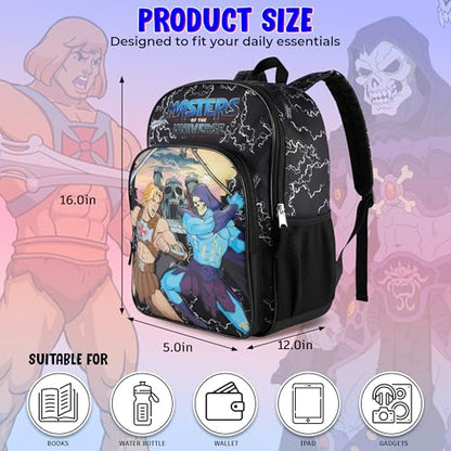 AI ACCESSORY INNOVATIONS Masters of the Universe Castle Grayskull Backpack for Kids, 16 Inch Bookbag featuring He-Man & Skeletor, Black - color: He Man