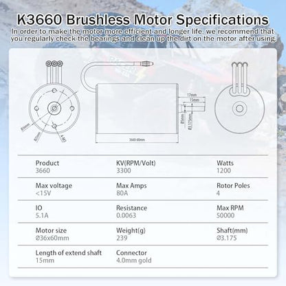 Surpass Hobby 3660 Brushless Motor 3300kv Waterproof 80A 4 Poles sensorless Shaft 3.175 Motor for 1/10 RC Racing Car - size: 3300KV, style: 3660 Motor