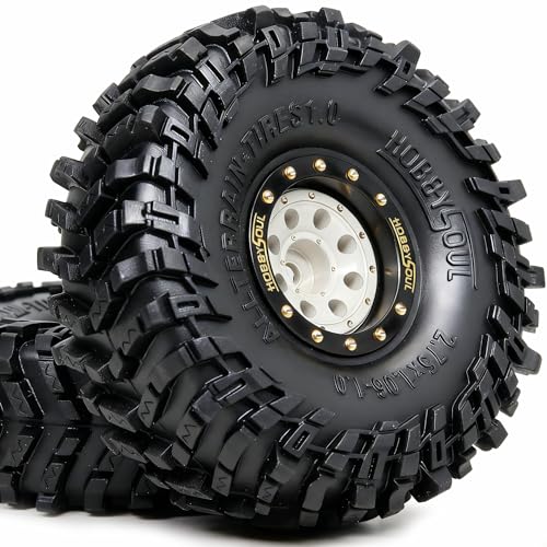 HOBBYSOUL 70 * 27mm All Terrain 1.0 Tires & Brass 1.0 beadlock Wheels Set - Adjustable Offset 1.0 Wheel and Soft Sticky 1.0‘’ tire for RC Crawler TRX4M SCX24 Upgrades, Black & White - color: Black & White
