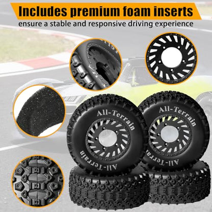 1/10 RC Short Course Truck Wheel Tires Set- 12mm/17mm Hex, Black | All-Terrain Tires and Nylon Wheels Compatible with 1/10 Traxxas Slash 4WD 2WD Arrma Senton Axial Losi Redcat RC Buggy, 4-Pack - color: Black