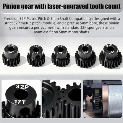 5Pcs 32P Hardened Steel Pinion Gear Set 5mm Shaft 16T 17T 18T 19T 20T Motor Pinion Gear with M4 Screw and Hex Key, for Arrma HPI Kyosho Losi Axial Traxxas Tamiya 1/10 RC Car and 540/550 Motors - size: 32P-HSP-5mm-16-20T