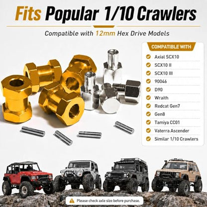 4PCS 12mm Hex Hub 15mm Aluminum Extension Hex for Axial SCX10 D90 90046 | 15mm CNC Wheel Hex Extenders for 1/10 RC Crawlers Redcat Gen7/Gen8 CC01 RC4WD Wider Stance & Tire Clearance with M4 Nuts Pins - color: Gold