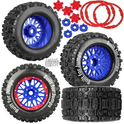 17mm Hex 1/7 1/8 1/10 RC Wheels and Tires for 1/10 Revo/Summit/T-Maxx/E-Revo,1/8 Kraton/Outcast/Fireteam/Notorious 6S,Sledge,1/7 Fireteam 6S,etc RC Monster Truck,(4Pcs) Red Blue - color: Red Blue - (Rc Truck Tires)