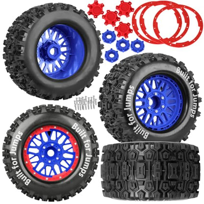 17mm Hex 1/7 1/8 1/10 RC Wheels and Tires for 1/10 Revo/Summit/T-Maxx/E-Revo,1/8 Kraton/Outcast/Fireteam/Notorious 6S,Sledge,1/7 Fireteam 6S,etc RC Monster Truck,(4Pcs) Red Blue - color: Red Blue - (Rc Truck Tires)