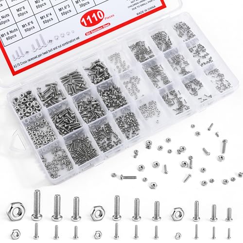 1110Pcs 304 Stainless Steel Tiny＆ Small Screws, Metric Micro Screw Nuts | M1 M1.2 M1.4 M1.6 M2 M2.5 Sizes, Phillips Pan Head, RC Models, Electronics, Watch, Glasses, and DIY Repairs.