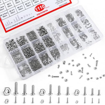 1110Pcs 304 Stainless Steel Tiny＆ Small Screws, Metric Micro Screw Nuts | M1 M1.2 M1.4 M1.6 M2 M2.5 Sizes, Phillips Pan Head, RC Models, Electronics, Watch, Glasses, and DIY Repairs.